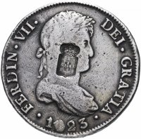 Купить Португалия 870 реалов (reis) 1834 без обозначения номинала и даты, надчекан на 8 реалах 1823 PJ вице-королевства Рио-де-ла-Плата