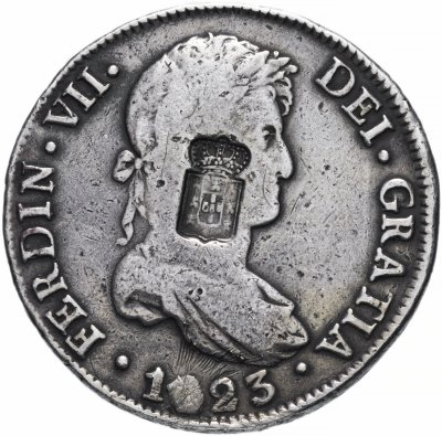 купить Португалия 870 реалов (reis) 1834 без обозначения номинала и даты, надчекан на 8 реалах 1823 PJ вице-королевства Рио-де-ла-Плата