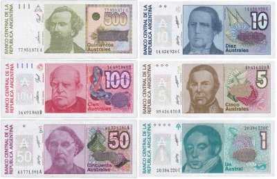 купить Аргентина набор 6 шт 1, 5, 10, 50, 100, 500 аустраль 1985 - 1990 год UNC
