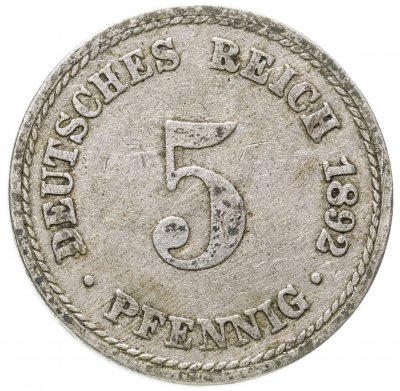купить Германская Империя, Пруссия 5 пфеннигов (pfennig) 1892 "A" - Берлин