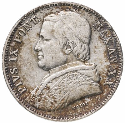 купить Папская область 20 байокко (baiocchi) 1865 Надпись "MAX.A.XX" на реверсе