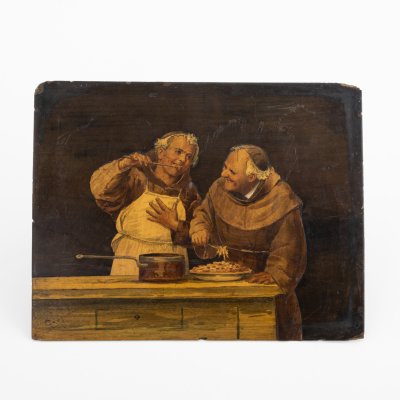 купить Панно по мотивам картины Джона Т. Боуэна (John T. Bowen, 1801–1856 гг.), изображающее двух монахов-францисканцев за приготовлением пищи, неизвестный мастер, дерево, маркетри, тонировка, Западная Европа, 1880-1920 гг.