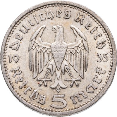 купить Германия 5 рейхсмарок 1935 A Рейхспрезидент Германии Пауль фон Гинденбург