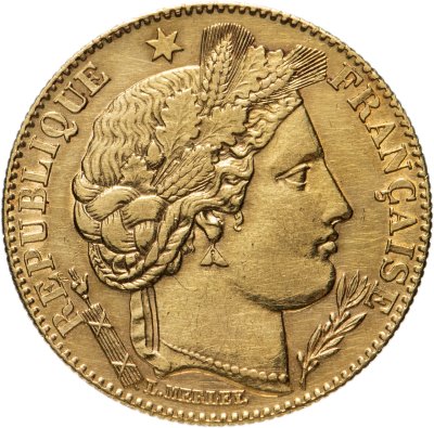 купить Франция 10 франков (francs) 1899 "A" Венок на реверсе