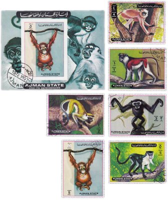 купить ОАЭ, Аджман блок + 6 марок "Обезьяны" 1973