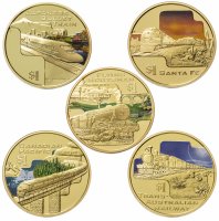 Купить Острова Кука 1 доллар 2004 набор из 5ти монет «Известные железные дороги» позолота, в футляре с сертификатом Редкость