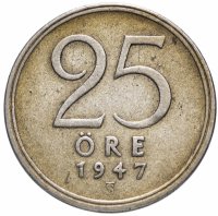 Купить Швеция 25 эре (ore) 1947 Серебро, "SVERIGE" на аверсе