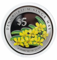 Купить Сингапур 5 долларов (dollars) 2007 "Орхидеи- Dendrobium Singa Mas"