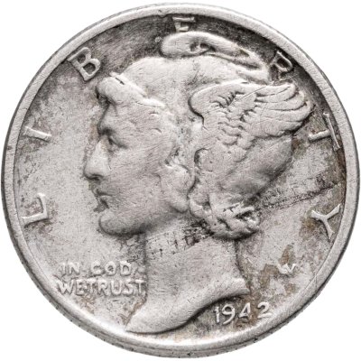купить США 10 центов (дайм, one dime) 1942 Mercury Dime (дайм «Меркурий») без обозначения монетного двора