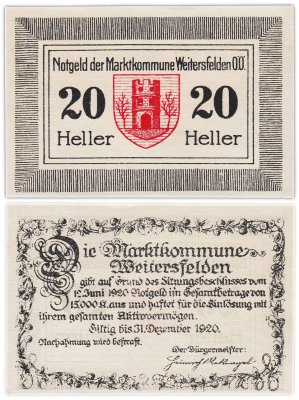 купить 20 геллеров нотгельд коммуна Вайтерсфельден (notgeld der marktkommune Weitersfelden 20 heller)