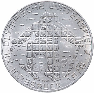 купить Австрия 100 шиллингов (shillings) 1975 Щит XII зимние Олимпийские Игры, Инсбрук 1976 - Лыжник знак монетного двора: "Щит" - Вена