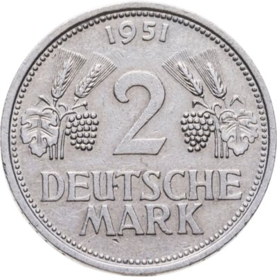 купить Германия 2 марки 1951, знак монетного двора: "D" - Мюнхен