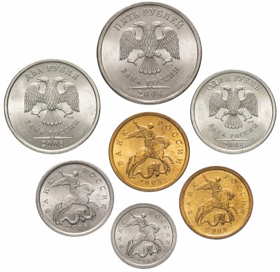 купить Полный набор разменных монет 1, 5, 10, 50 копеек и 1, 2, 5 рублей 2008 СПМД (7 монет) штемпельный блеск