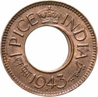 купить Индия (Британская) 1 пайс (pice) 1943 Высокая корона с острыми углами
