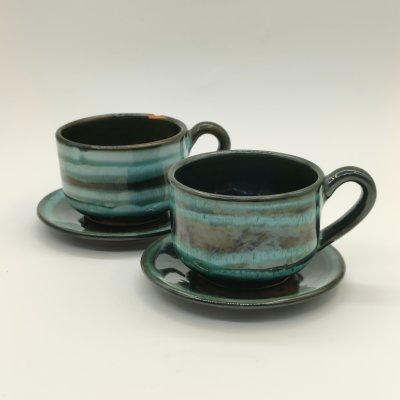 купить Набор чайных пар с абстрактным декором на 2 персоны, керамика, цветные поливы, Болгария, 1990-2010 гг.