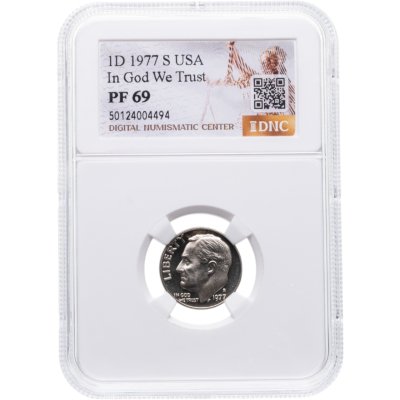 купить США 10 центов (one dime) 1977 S "Roosevelt Dime" в слабе DNC PF69