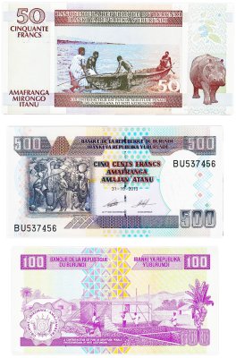 купить Бурунди набор из 3 банкнот 50, 100, 500 франков 2001 - 2013 Фауна ПРЕСС