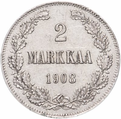 купить 2 марки (markkaa) 1908 L, монета для Финляндии