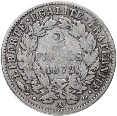 купить Франция 2 франка (francs) 1872 A знак монетного двора: "A" - Париж