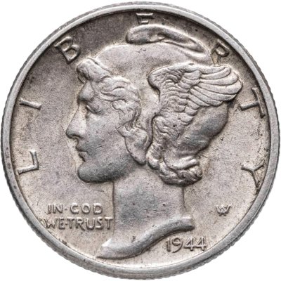 купить США 10 центов (дайм, one dime) 1944 Mercury Dime (дайм «Меркурий») без обозначения монетного двора