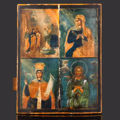 купить Икона в четырех клеймах "Сретение Господа нашего Иисуса Христа, Семистрельная Божья Матерь, Святая мученица Параскева Пятница, Преподобный Алексий, человек Божий", дерево, темпера, Российская империя, 1829 г.