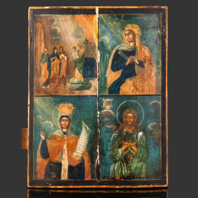 купить Икона в четырех клеймах "Сретение Господа нашего Иисуса Христа, Семистрельная Божья Матерь, Святая мученица Параскева Пятница, Преподобный Алексий, человек Божий", дерево, темпера, Российская империя, 1829 г.