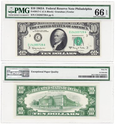 купить США 10 долларов 1963, series 1963A, С- Филадельфия, ПРЕСС в слабе PMG Gem UNC 66 EPQ
