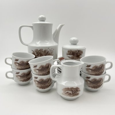 купить Сервиз кофейный на 6 персон, украшенный изображением дичи (15 предметов), фарфор, деколь, Colditz (Кольдиц), Германия, 1980-1990 гг.