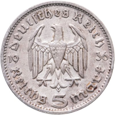 купить Германия (Третий Рейх) 5 рейхсмарок 1936, Двор G, Орел без свастики (Гинденбург)