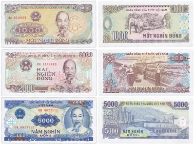 купить Вьетнам набор 3 шт 1000 + 2000 + 5000 донгов 1988 - 1991 год "Хо Ши Мин." (Pick 106-108)