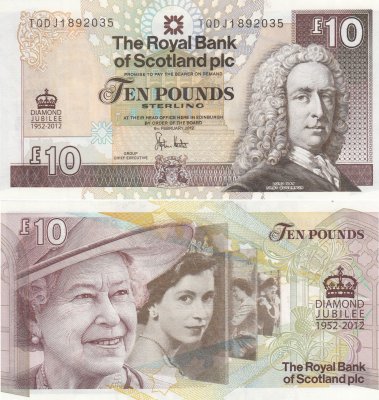 купить Шотландия 10 фунтов 2012 (Pick 368) ROYAL BANK OF SCOTLAND PLC Юбилейная "60 лет правления королевы Елизаветы 2"