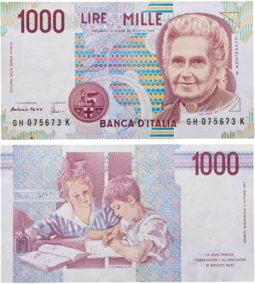 купить Италия 1000 Лир 1990 "Мария Монтессори" (Pick 114с)