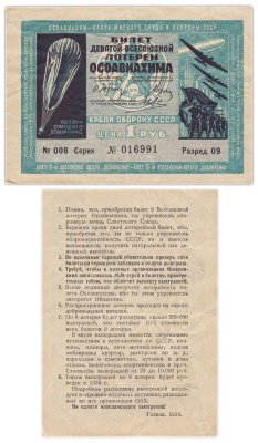 купить Лотерейный Билет Девятый Всесоюзной Лотереи ОСОАВИАХИМА 1 рубль 1934 (разряд 9)