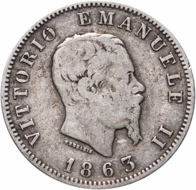 купить Италия 1 лира (lira) 1863 M (щит на реверсе), знак монетного двора: "M" - Милан