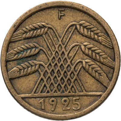купить Германия 5 рейхспфеннигов (reichspfennig) 1925 F знак монетного двора "F" — Штутгарт