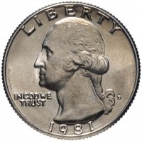 Купить США 25 центов (квотер, 1/4 доллара, quarter dollar) 1981 D Washington Quarter (Вашингтон) знак монетного двора "D"