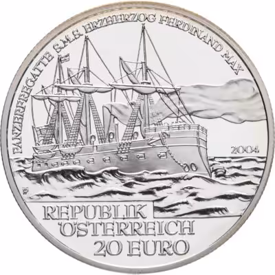 купить Австрия 20 евро (euro) 2004 "Фрегат эрцгерцог Фердинанд Максимилиан" в футляре с сертификатом