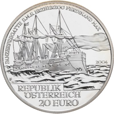 купить Австрия 20 евро (euro) 2004 "Фрегат эрцгерцог Фердинанд Максимилиан" в футляре с сертификатом