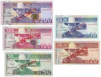 купить Набор образцов Намибии 5 штук (10, 20, 50, 100, 200) долларов 1996-1999 (Pick 4s, 5s, 7s, 9s, 10s)