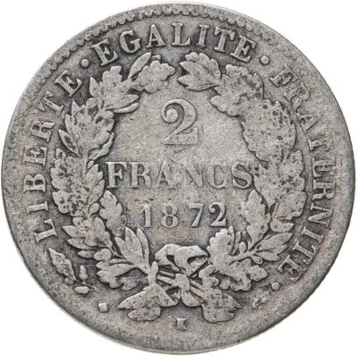 купить Франция 2 франка (francs) 1872 K знак монетного двора: "K" - Бордо