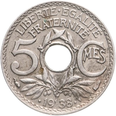 купить Франция 5 сантимов (centimes) 1938 Рог изобилия Точки вокруг даты знак монетного двора: "Рог изобилия": - Париж