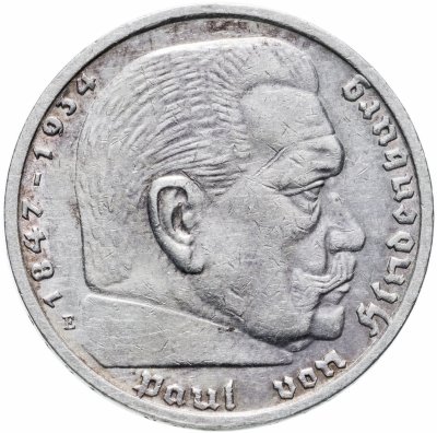 купить Германия 5 рейхсмарок (reichsmark) 1936 Гинденбург Третий рейх, без свастики