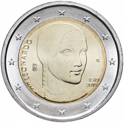 купить Италия 2 евро 2019 "500 лет со дня смерти Леонардо да Винчи"