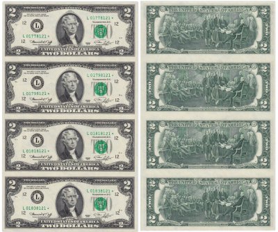 купить США 2 доллара 1976 (Pick 461) L-Сан Франциско Лист из 4 неразрезанных бон *-Серия замещения