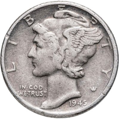 купить США 10 центов (дайм, one dime) 1945 Mercury Dime (дайм «Меркурий») без обозначения монетного двора