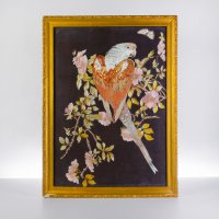 купить Картина вышивная, на черном фоне "Попугай на ветке", ткань, вышивка, рама, стекло, СССР, 1930-1960 гг.