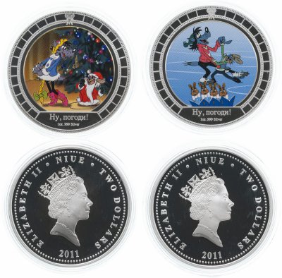 купить Ниуэ набор из 2-х монет номиналом 2 доллара (dollars) 2011 Proof "Ну, погоди!" в подарочном футляре с сертификатом