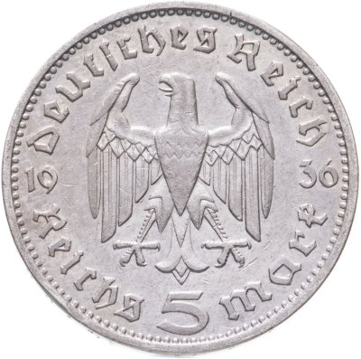 купить Германия (Третий Рейх) 5 рейхсмарок 1936, Двор G, Орел без свастики (Гинденбург)