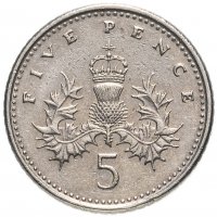 Купить Великобритания 5 пенсов 1990-1997 королева средних лет