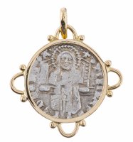 купить Кулон золотой 585 пр. с античной серебряной монетой Франческо Фоскари 1423-1457 годы, с изображением Иисуса Христа, ручная работа.